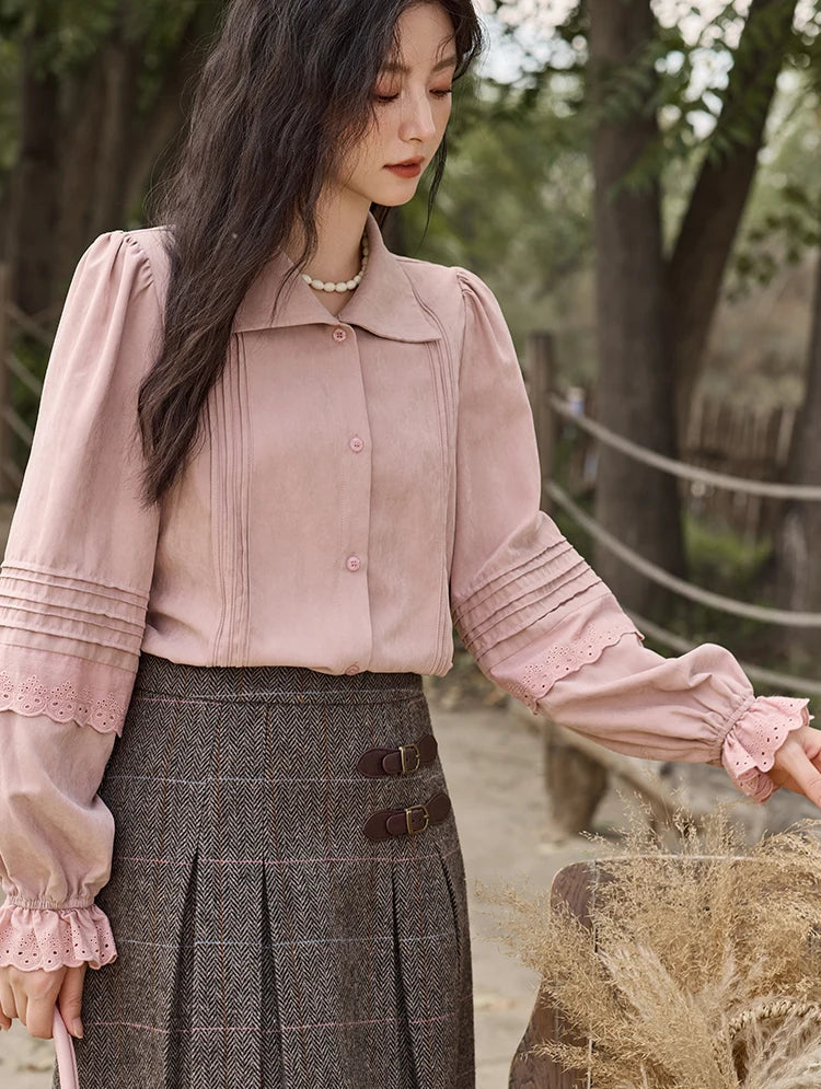 Women's Light Pink Button-Up Blouse with Lace-Trimmed Sleeves