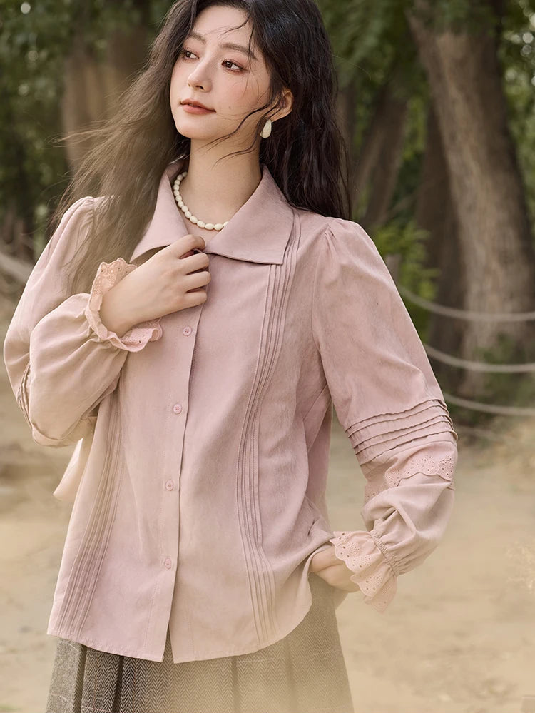 Women's Light Pink Button-Up Blouse with Lace-Trimmed Sleeves