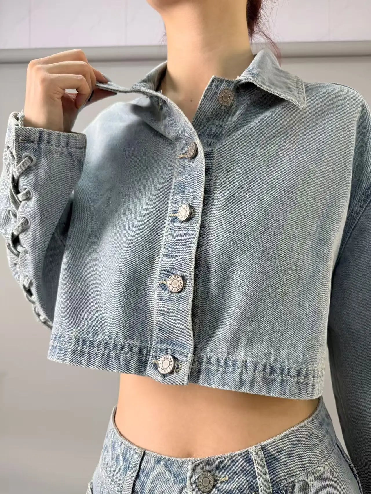 Women's Light Gray Cropped Denim Jacket with Sleeve Lacing