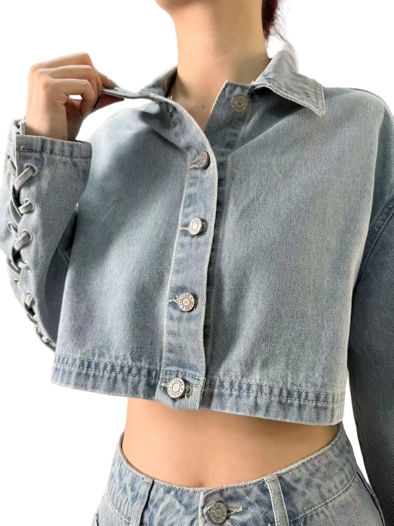 Women's Cropped Denim Jacket with Sleeve Lacing