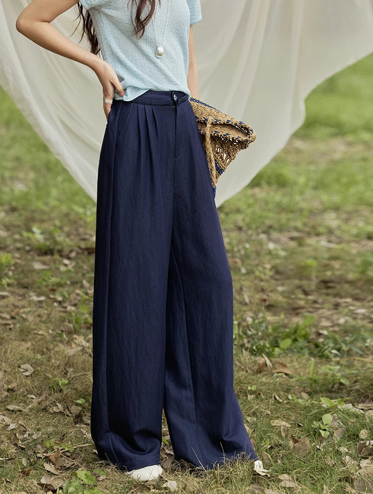 Women's Navy Blue Pleated Wide-Leg Pants