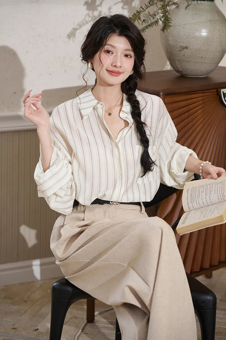 Women's Cream Striped Long Sleeve Shirt with Back Tie Detail