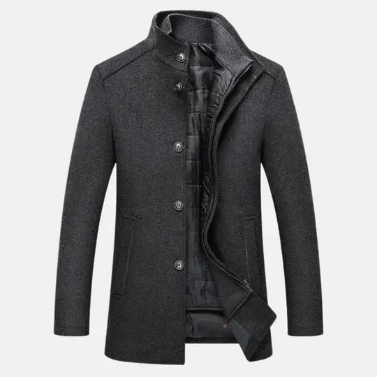 Men's Button-Up Coat with High Collar and Inner Quilted Lining