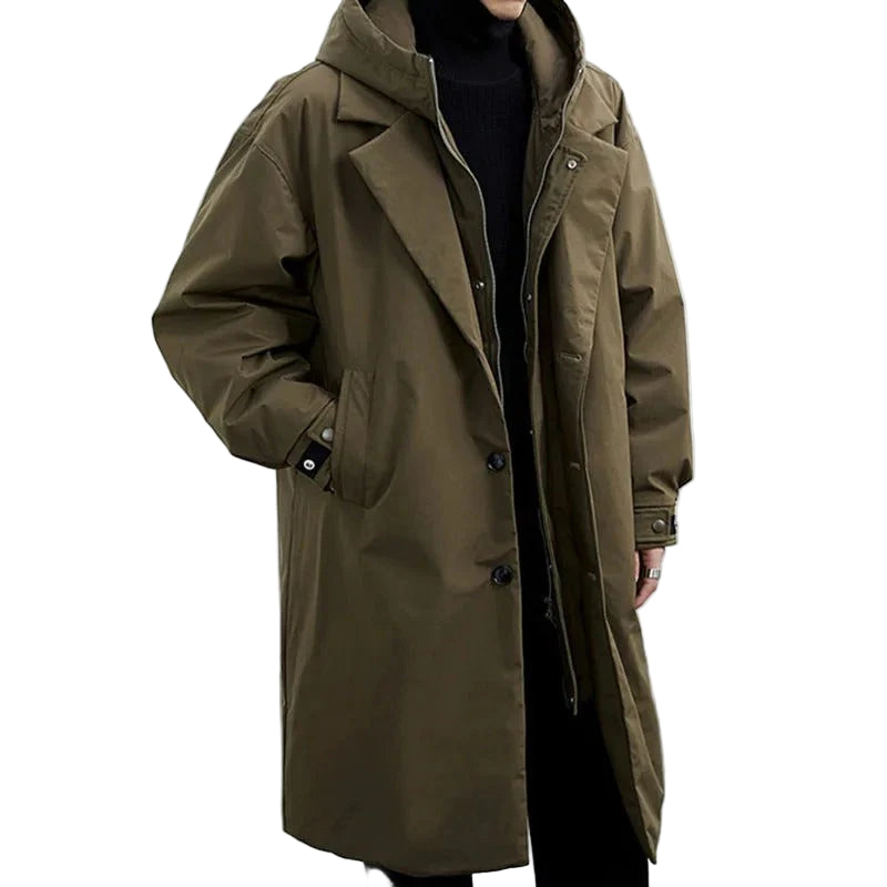 Men's Long Hooded Trench Coat with Front Buttons and Zip Layer
