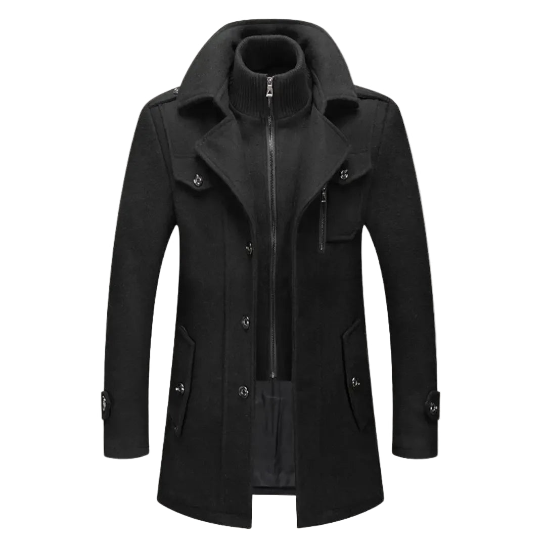 Men's Long Coat with Dual Front Closure and Stand Collar