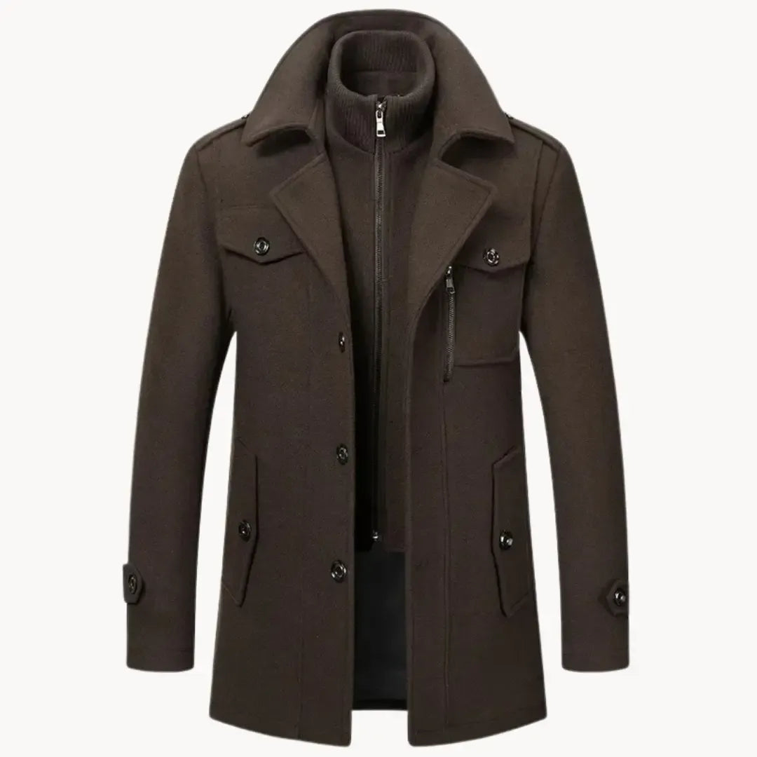 Men's Long Coat with Dual Front Closure and Stand Collar
