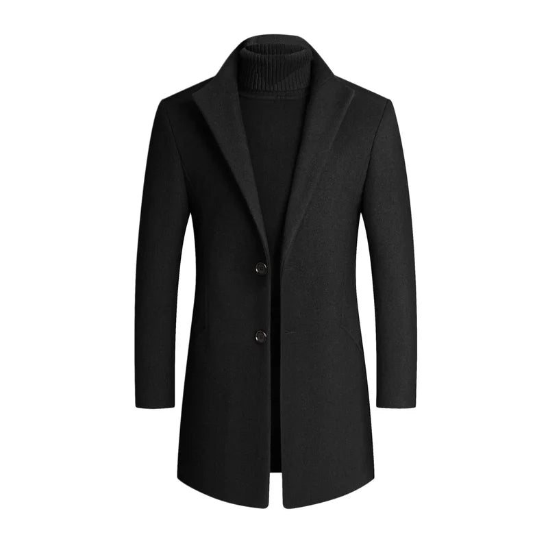 Men's Mid-Length Coat with Lapel Collar and Front Button Closure