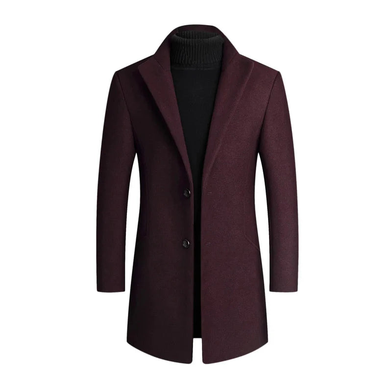 Men's Mid-Length Coat with Lapel Collar and Front Button Closure