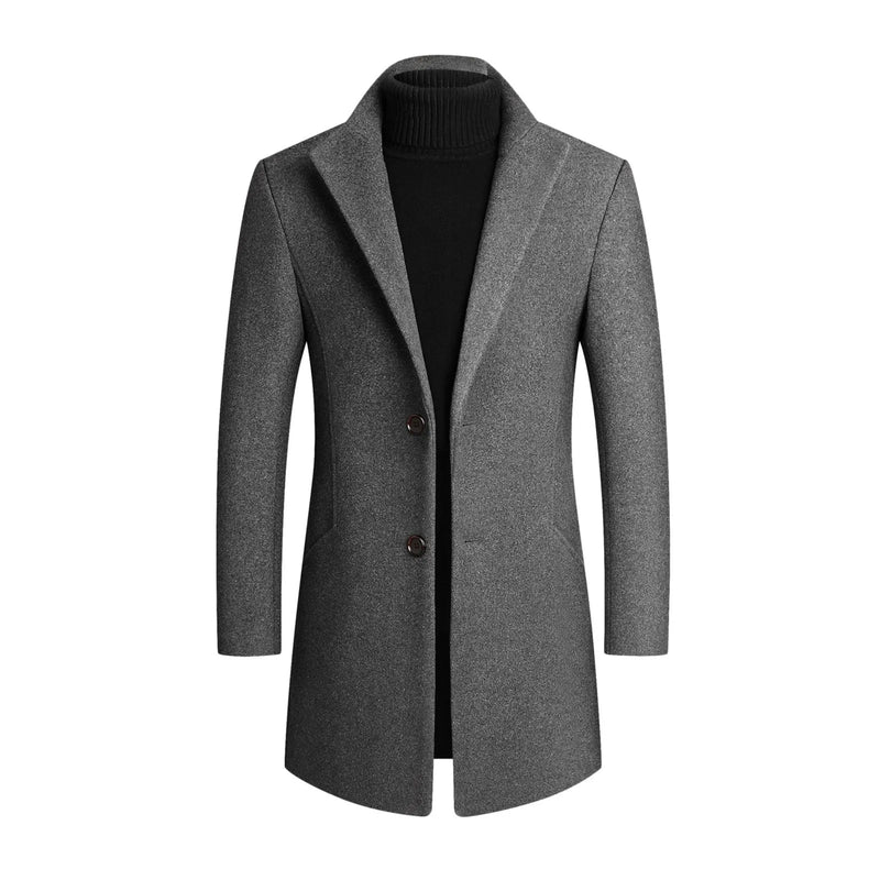 Men's Mid-Length Coat with Lapel Collar and Front Button Closure