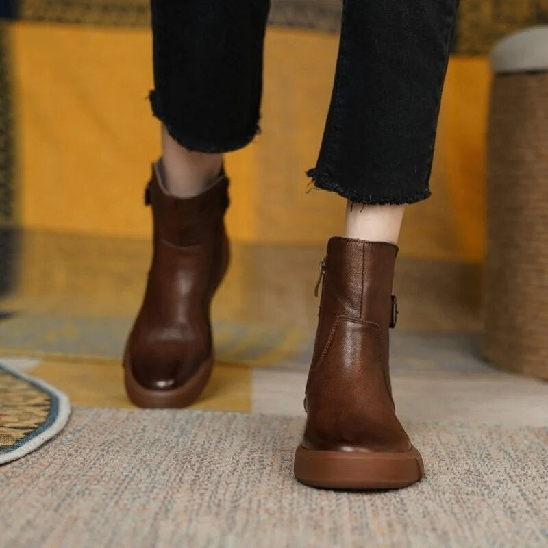 Women’s Ankle Boots with Side Buckle and Flat Sole