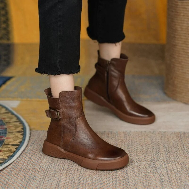 Women’s Ankle Boots with Side Buckle and Flat Sole