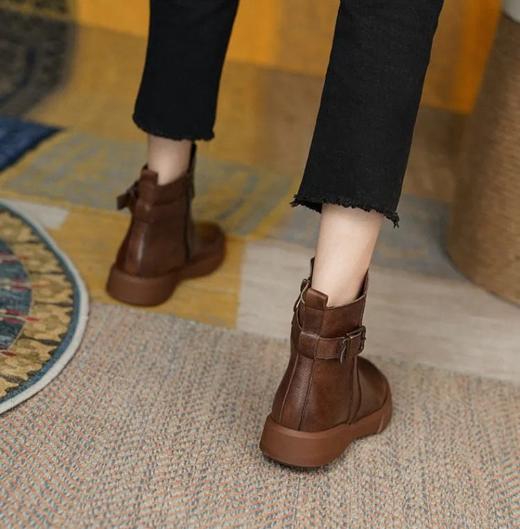 Women’s Ankle Boots with Side Buckle and Flat Sole