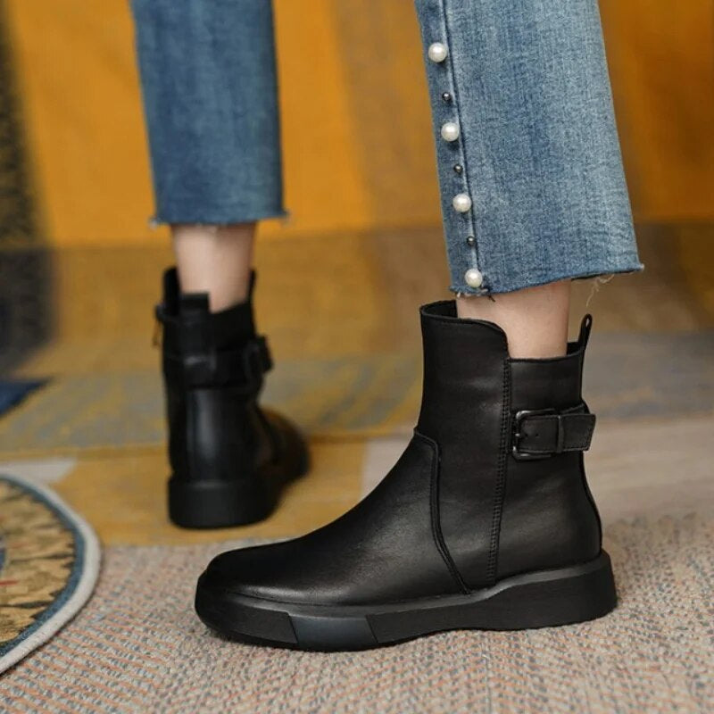 Women’s Ankle Boots with Side Buckle and Flat Sole