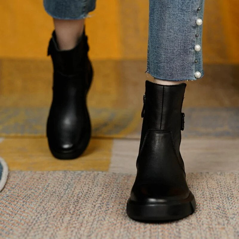 Women’s Ankle Boots with Side Buckle and Flat Sole