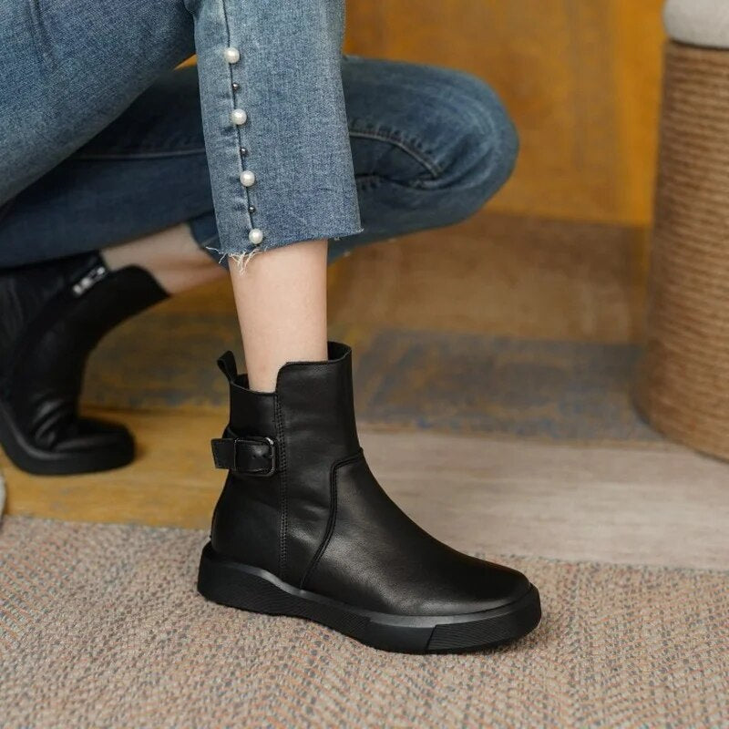 Women’s Ankle Boots with Side Buckle and Flat Sole