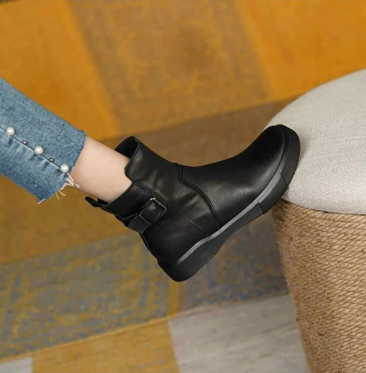 Women’s Ankle Boots with Side Buckle and Flat Sole