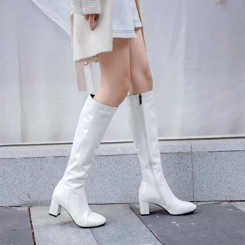 Women’s Knee-High Boots with Block Heel and Side Zipper