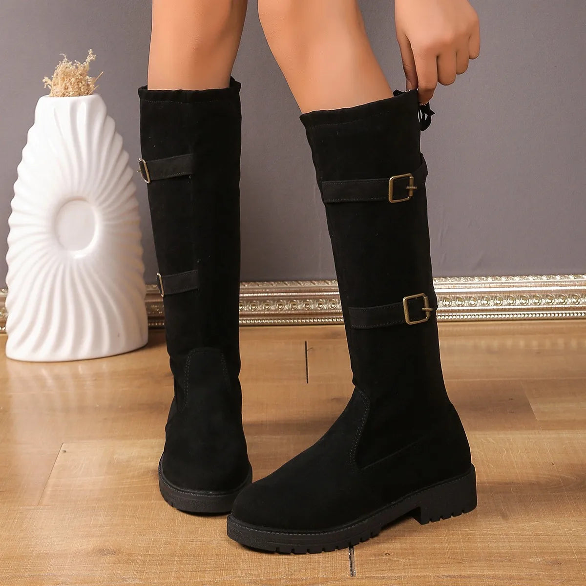 Women’s Knee-High Boots with Dual Buckle Straps and Back Tie