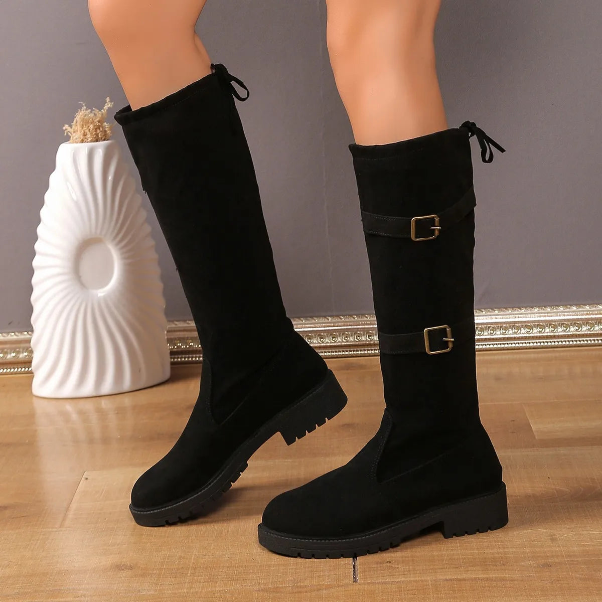 Women’s Knee-High Boots with Dual Buckle Straps and Back Tie