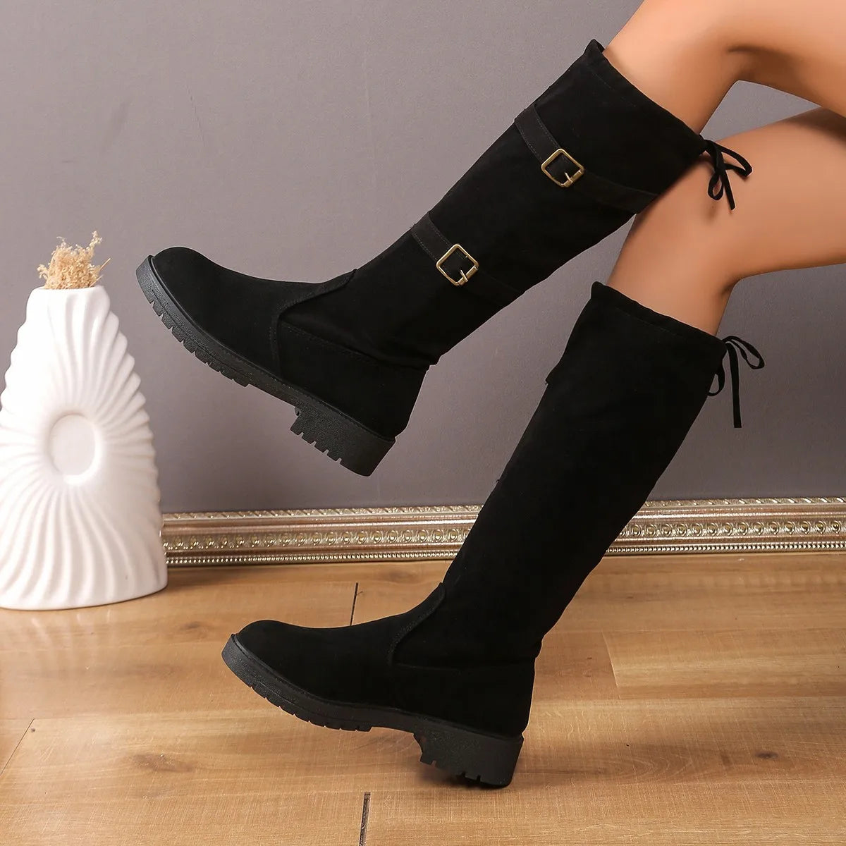 Women’s Knee-High Boots with Dual Buckle Straps and Back Tie