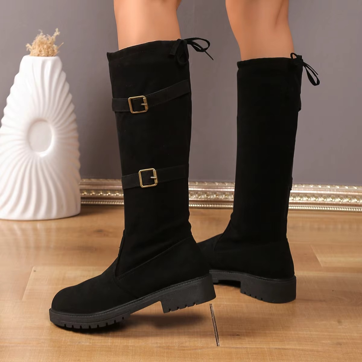 Women’s Knee-High Boots with Dual Buckle Straps and Back Tie