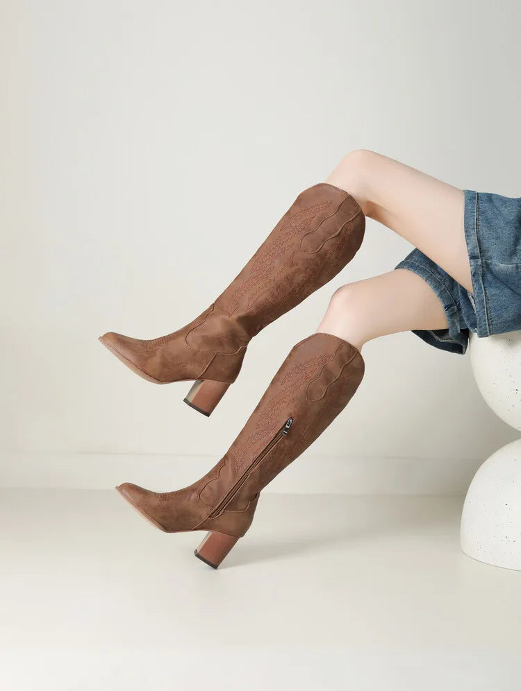 Women’s Knee-High Boots with Side Zipper and Block Heel