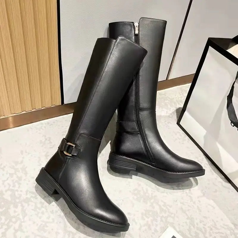 Women’s Knee-High Boots with Side Zipper and Buckle Strap