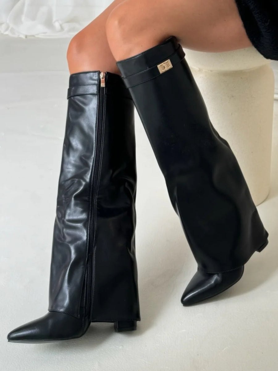 Women’s Knee-High Boots with Wide Shaft and Pointed Toe