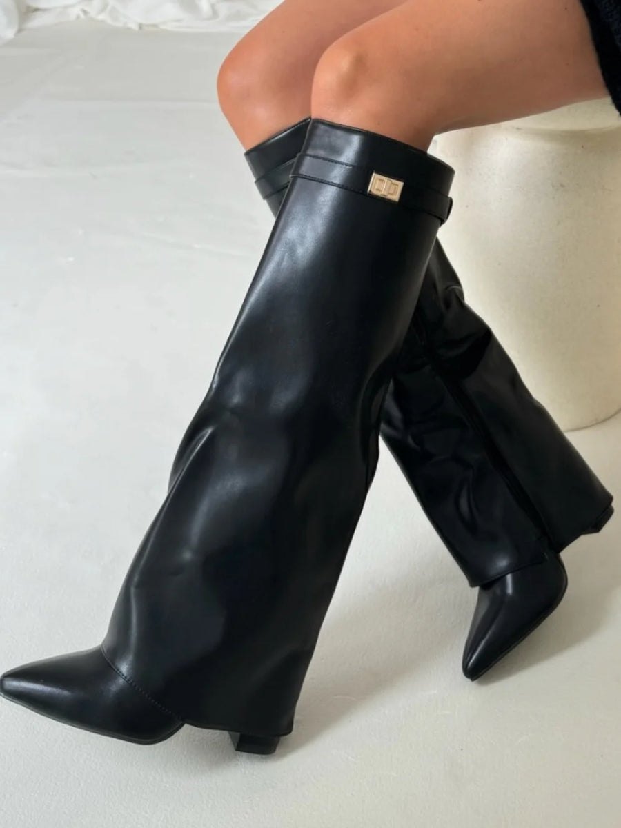 Women’s Knee-High Boots with Wide Shaft and Pointed Toe
