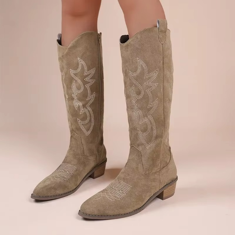 Women’s Knee-High Cowboy Boots with Embroidered Pattern and Low Block Heel