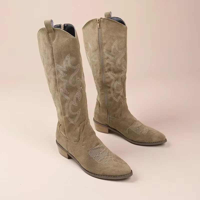 Women’s Knee-High Cowboy Boots with Embroidered Pattern and Low Block Heel