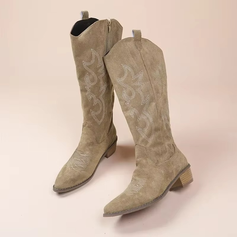 Women’s Knee-High Cowboy Boots with Embroidered Pattern and Low Block Heel