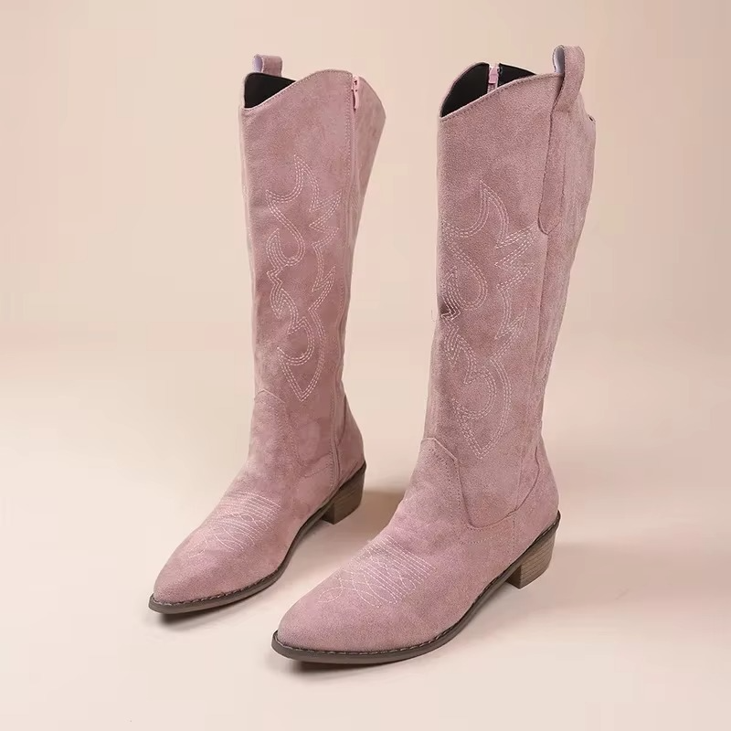Women’s Knee-High Cowboy Boots with Embroidered Pattern and Low Block Heel