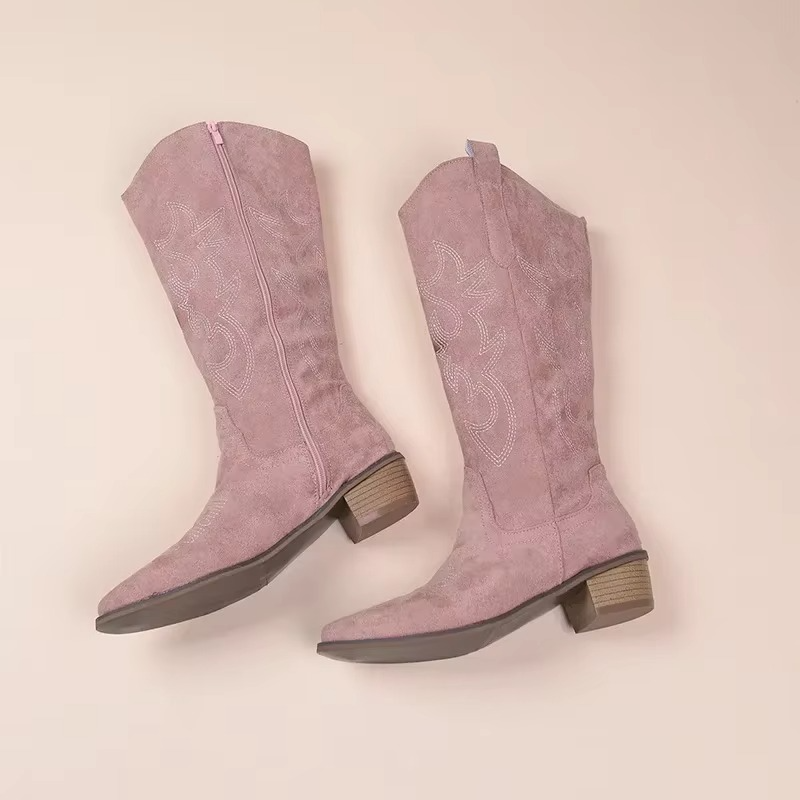 Women’s Knee-High Cowboy Boots with Embroidered Pattern and Low Block Heel