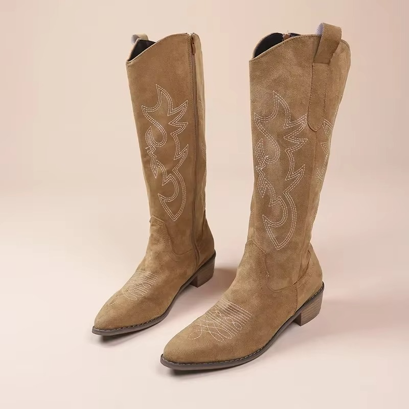 Women’s Knee-High Cowboy Boots with Embroidered Pattern and Low Block Heel
