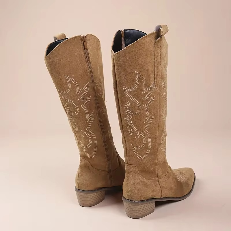 Women’s Knee-High Cowboy Boots with Embroidered Pattern and Low Block Heel