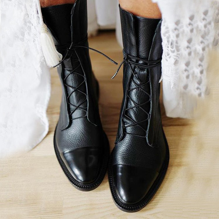 Women’s Lace-Up Ankle Boots with Cap Toe and Textured Surface