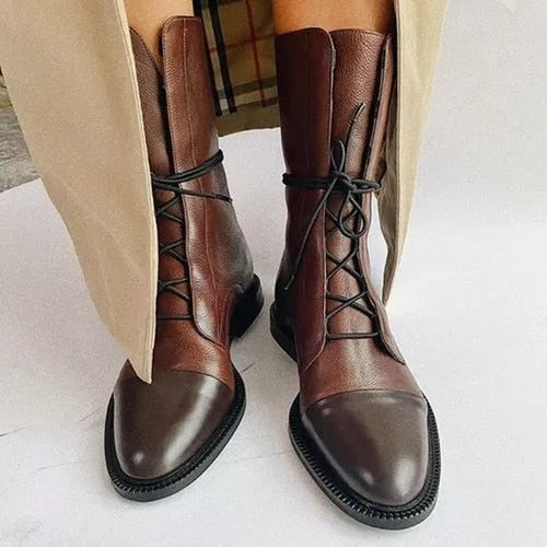 Women’s Lace-Up Ankle Boots with Cap Toe and Textured Surface