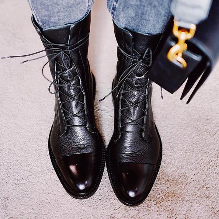 Women’s Lace-Up Ankle Boots with Cap Toe and Textured Surface