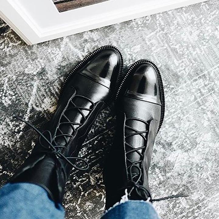 Women’s Lace-Up Ankle Boots with Cap Toe and Textured Surface
