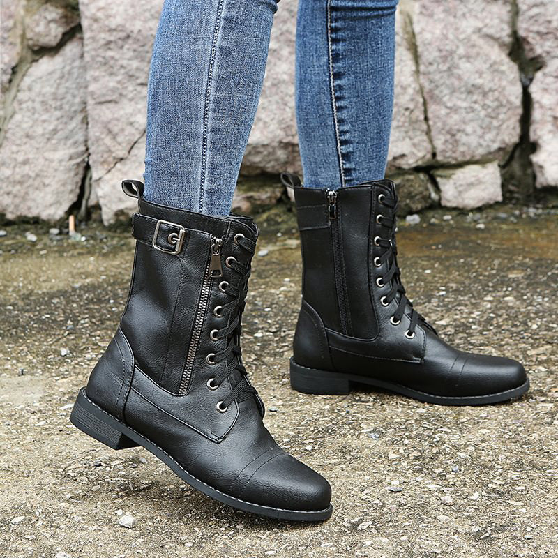 Women’s Lace-Up Mid-Calf Boots with Side Zipper and Buckle Detail