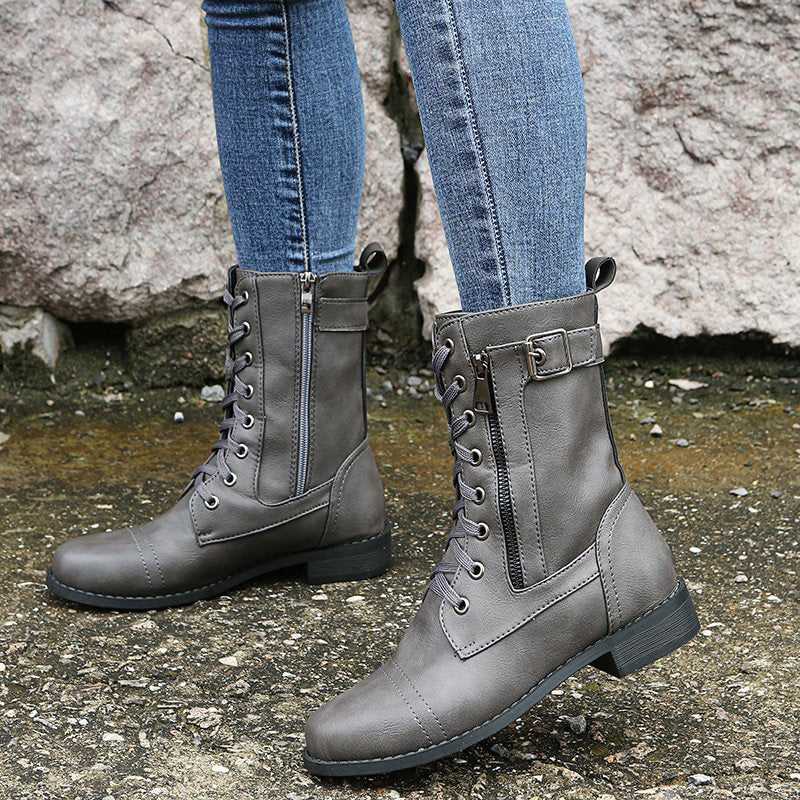 Women’s Lace-Up Mid-Calf Boots with Side Zipper and Buckle Detail