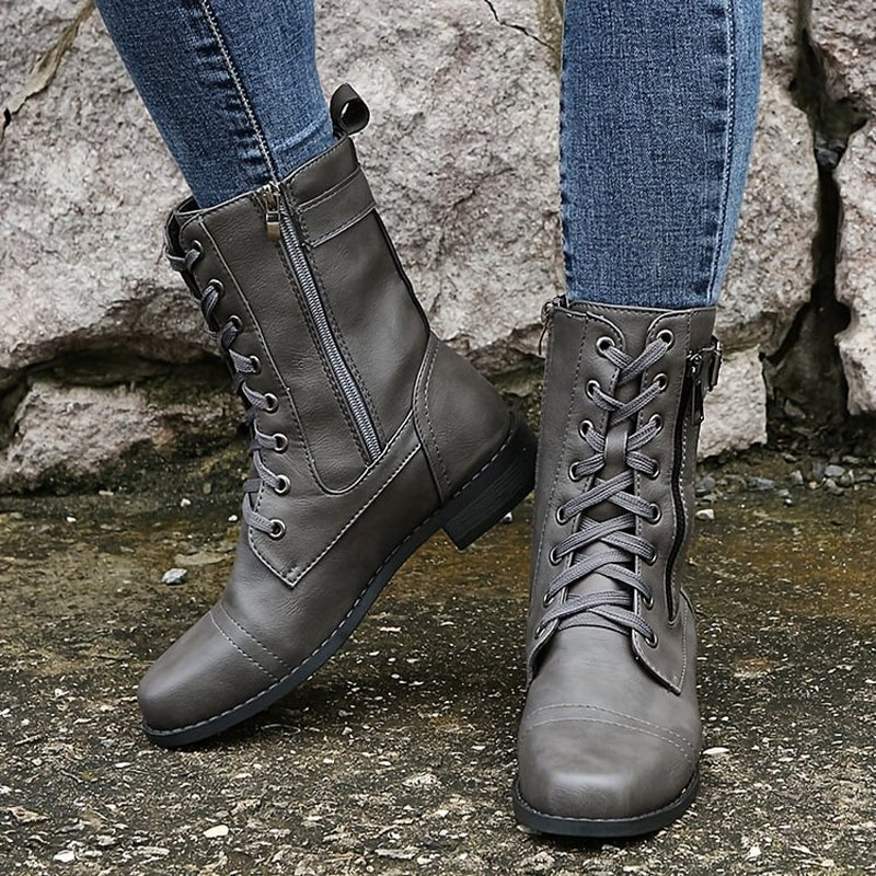 Women’s Lace-Up Mid-Calf Boots with Side Zipper and Buckle Detail