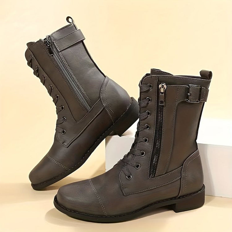Women’s Lace-Up Mid-Calf Boots with Side Zipper and Buckle Detail