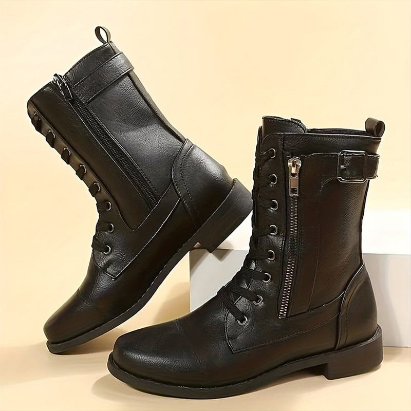 Women’s Lace-Up Mid-Calf Boots with Side Zipper and Buckle Detail