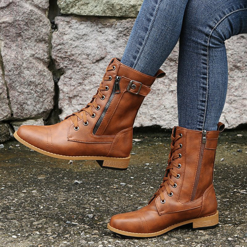 Women’s Lace-Up Mid-Calf Boots with Side Zipper and Buckle Detail