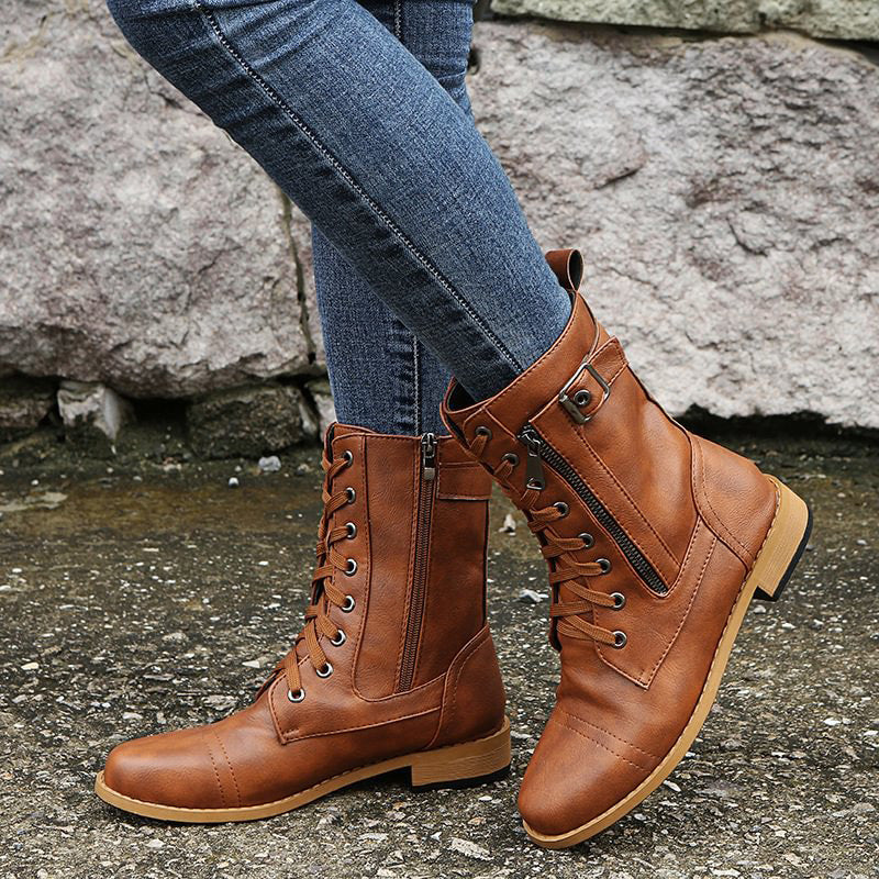 Women’s Lace-Up Mid-Calf Boots with Side Zipper and Buckle Detail