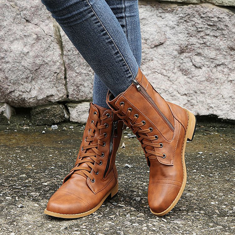 Women’s Lace-Up Mid-Calf Boots with Side Zipper and Buckle Detail