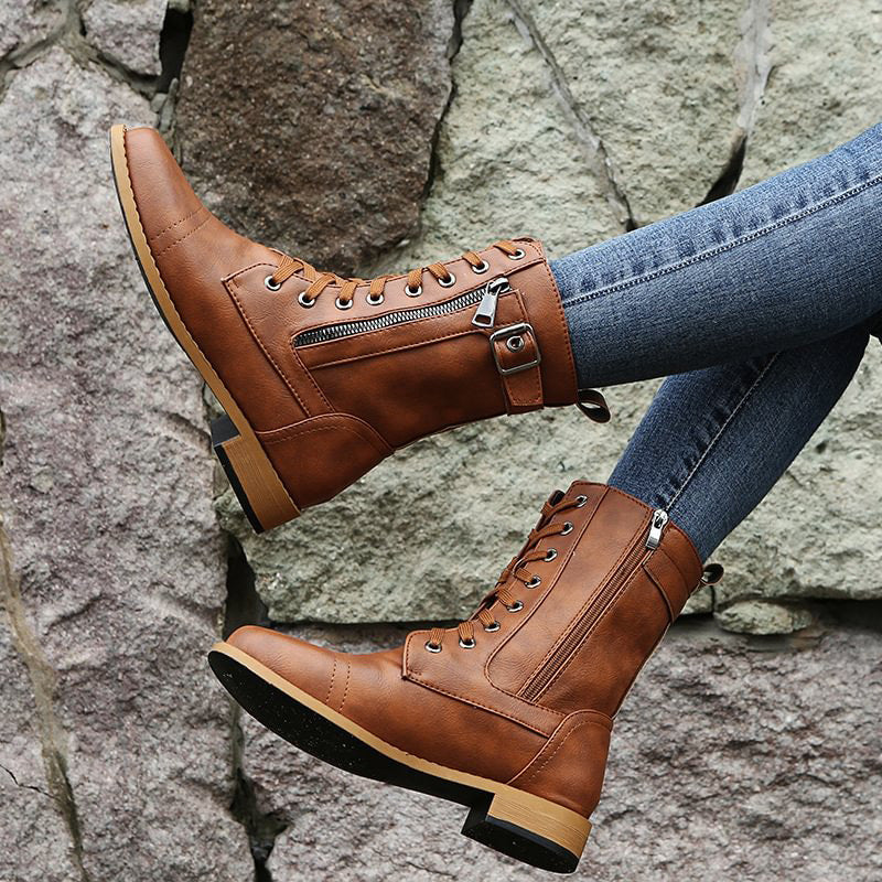 Women’s Lace-Up Mid-Calf Boots with Side Zipper and Buckle Detail
