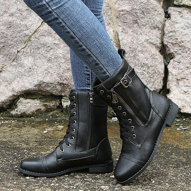 Women’s Lace-Up Mid-Calf Boots with Side Zipper and Buckle Detail